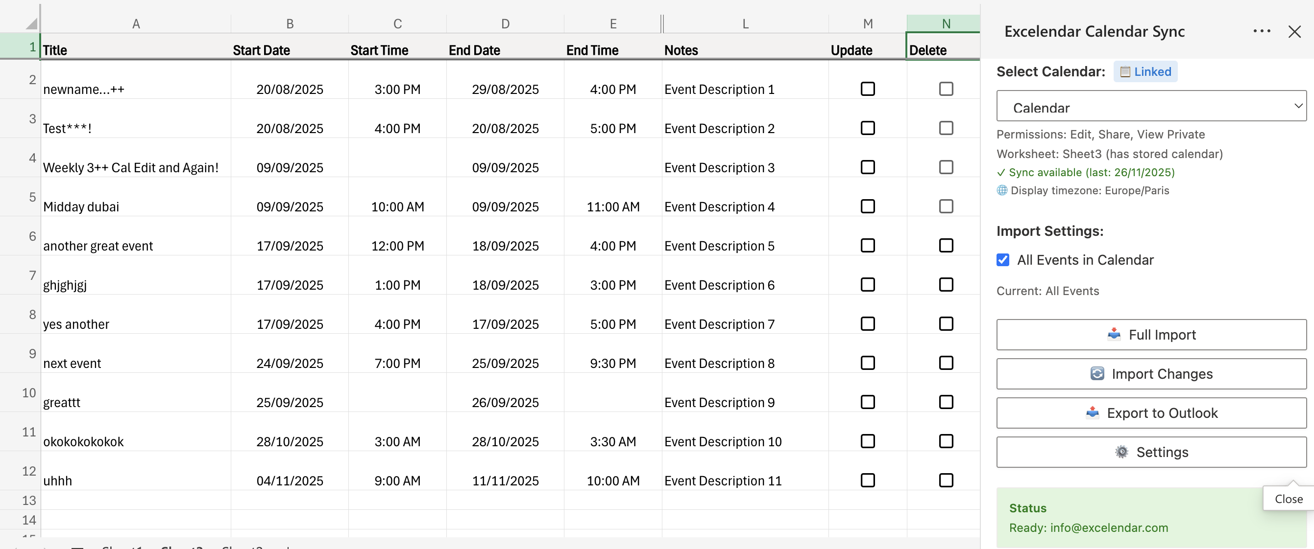 Imported calendar in Excel